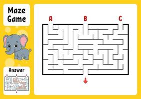 Rectangle maze. Game for kids. Three entrances, one exit. Puzzle for children. Labyrinth conundrum. Color vector illustration. Find the right path. With answer. Cartoon character. Education worksheet.