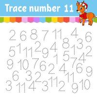 Trace number . Handwriting practice. Learning numbers for kids. Education developing worksheet. Activity page. Game for toddlers and preschoolers. Isolated vector illustration in cute cartoon style.