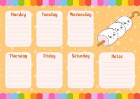 School schedule. Timetable for schoolboys. Empty template. Weekly planer with notes. Isolated color vector illustration. Cartoon character.