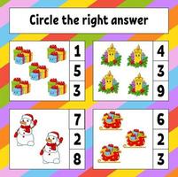 Circle the right answer. Christmas theme. Education developing worksheet. Activity page with pictures. Game for children. Color isolated vector illustration. Funny character. Cartoon style.