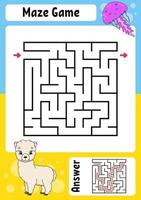 Square maze. Game for kids. Funny labyrinth. Education developing worksheet. Activity page. Puzzle for children. Cartoon style. Riddle for preschool. Logical conundrum. Color vector illustration.