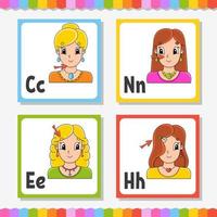 English alphabet. Letter C, N, E, H. ABC square flash cards. Cartoon character isolated on white background. For kids education. Developing worksheet. Learning letters. Color vector illustration.