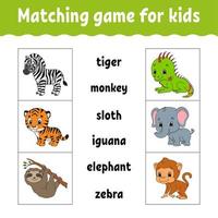 Matching game for kids. Find the correct answer. Draw a line. Learning words. Activity worksheet. Cartoon character. Cute animal. vector