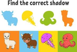 Find the correct shadow. Education worksheet. Alpaca, yak, jellyfish, octopus. Matching game for kids. Color activity page. Puzzle for children. Cartoon character. Isolated vector illustration.