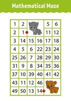 Mathematical rectangle maze. Wolf and bear. Game for kids. Number labyrinth. Education worksheet. Activity page. Riddle for children. Cartoon characters. vector