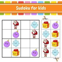 sudoku para niños. hoja de trabajo de desarrollo educativo. página de actividades con imágenes. juego de rompecabezas para niños. entrenamiento del pensamiento lógico. ilustración vectorial aislada. personaje divertido. estilo de dibujos animados. vector