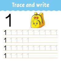 Learn Numbers. Trace and write. Back to school. Handwriting practice. Learning numbers for kids. Education developing worksheet. Isolated vector illustration in cute cartoon style.