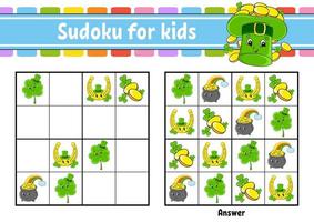 sudoku para niños. hoja de trabajo de desarrollo educativo. personaje animado. página de actividad de color. juego de rompecabezas para niños. entrenamiento del pensamiento lógico. ilustración vectorial aislada. S t. día de San Patricio. vector