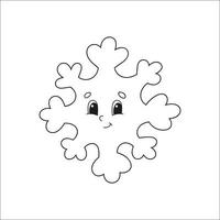 Snowflake is smiling. Coloring book for kids. Cheerful character. Vector illustration. Cute cartoon style. Fantasy page for children. Black contour silhouette. Isolated on white background.