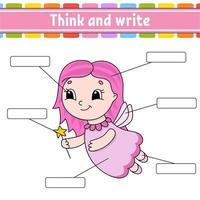 Young fairy. Think and write. Body part. Learning words. Education worksheet. Activity page for study English. Isolated vector illustration. Cartoon style.