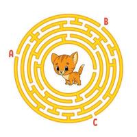 Circle maze. Cat animal. Game for kids. Puzzle for children. Round labyrinth conundrum. Color vector illustration. Find the right path. Education worksheet.