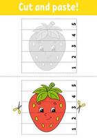 Learning numbers 1-5. Cut and glue. Strawberry character. Education developing worksheet. Game for kids. Activity page. Color isolated vector illustration. Cartoon style.