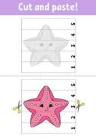 Learning numbers 1-5. Cut and glue. Starfish character. Education developing worksheet. Game for kids. Activity page. Color isolated vector illustration. Cartoon style.