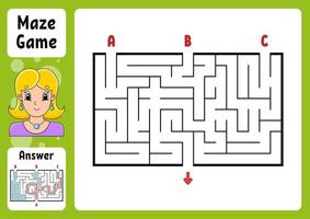 Rectangle maze. Game for kids. Three entrances, one exit. Puzzle for children. Labyrinth conundrum. Color vector illustration. Find the right path. With answer. Cartoon character. Education worksheet.