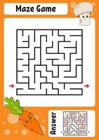 Square maze. Game for kids. Funny labyrinth. Education developing worksheet. Activity page. Puzzle for children. Cartoon style. Riddle for preschool. Logical conundrum. Color vector illustration.