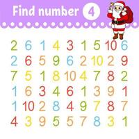 Find number. Education developing worksheet. Activity page with pictures. Game for children. Color isolated vector illustration. Funny character. Cartoon style.