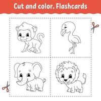 cortar y colorear. conjunto de tarjetas de memoria flash. flamenco, león, mono, elefante. libro para colorear para niños. personaje animado. lindo animal. vector