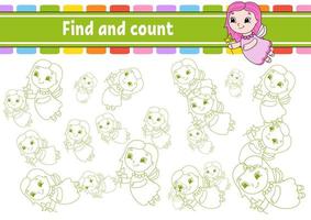 Find and count. Young fairy. Education developing worksheet. Activity page. Puzzle game for children. Logical thinking training. Isolated vector illustration. Cartoon character.