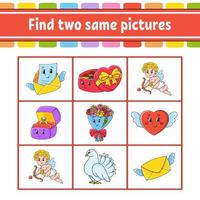 Find two same pictures. Task for kids. Education developing worksheet. Activity page. Color game for children. Funny character. Isolated vector illustration. Cartoon style. Valentine's Day.