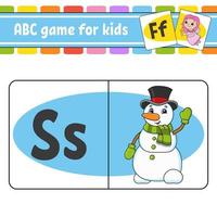 ABC flash cards. Alphabet for kids. Learning letters. Education worksheet. Activity page for study English. Color game for children. Isolated vector illustration. Cartoon style.