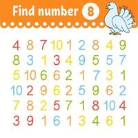 Find number. Education developing worksheet. Activity page with pictures. Game for children. Color isolated vector illustration. Funny character. Cartoon style.