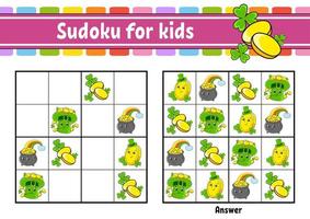 sudoku para niños. hoja de trabajo de desarrollo educativo. personaje animado. página de actividad de color. juego de rompecabezas para niños. entrenamiento del pensamiento lógico. ilustración vectorial aislada. S t. día de San Patricio. vector