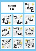 Square maze. Game for kids. Puzzle for children. Labyrinth conundrum. Color vector illustration. Find the right path. The development of logical and spatial thinking.