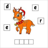 Christmas deer. Words puzzle. Education developing worksheet. Learning game for kids. Activity page. Puzzle for children. Riddle for preschool. Simple flat isolated vector illustration. Cartoon style.