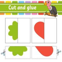 Cut and play. Paper game with glue. Flash cards. Color puzzle. Education developing worksheet. Activity page. For children. Funny character. Isolated vector illustration. Cartoon style.