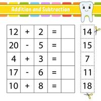 Addition and subtraction. Task for kids. Cut and paste. Education developing worksheet. Activity page. Game for children. Funny character. Isolated vector illustration. Cartoon style.