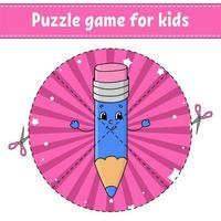 Cut and play. Round puzzle. Pencil with eraser. Logic puzzle for kids. Activity page. Cutting practice for preschool. Cartoon character. vector