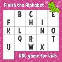 Finish the alphabet. ABC game for kids. Education developing worksheet. Green iguana. Learning game for kids. Color activity page. vector