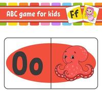 tarjetas flash abc. pulpo acuático. alfabeto para niños. aprender letras. hoja de trabajo de educación. página de actividades para estudiar inglés. juego de colores para niños. ilustración vectorial aislada. estilo de dibujos animados. vector