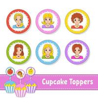 Cupcake Toppers. Set of six round pictures. Lovely smiling girls. Cartoon characters. Cute image. For birhday, party, baby shower. vector