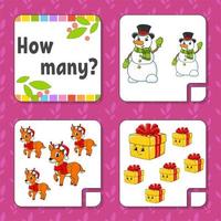 Counting game for children. Happy characters. Learning mathematics. How many object in the picture. Education worksheet. Christmas theme. Isolated vector illustration in cute cartoon style.