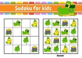 Sudoku for kids. Education developing worksheet. Cartoon character. Color activity page. Puzzle game for children. Logical thinking training. Isolated vector illustration. St. Patrick's day.