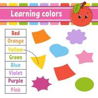 Learning colors. Education developing worksheet. Activity page with pictures. Game for children. Isolated vector illustration. Funny character. Cartoon style.