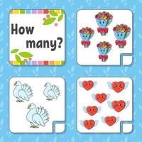 Counting game for children. Happy characters. Learning mathematics. How many object in the picture. Education worksheet. With space for answers. Isolated vector illustration in cute cartoon style.