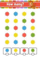 Counting game for children. Happy characters. Learning mathematics. How many object in the picture. Education worksheet. With space for answers. Isolated vector illustration in cute cartoon style.