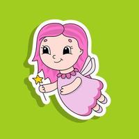 Fairy young girl in a dress with wings and a magic wand. Bright color sticker. Cartoon character. Vector illustration. Design element. With white contour.