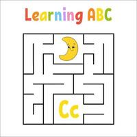 Square maze. Game for kids. Quadrate labyrinth. Education worksheet. Activity page. Learning English alphabet. Cartoon style. Find the right way. Color vector illustration.