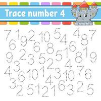 Trace number 4. Handwriting practice. Learning numbers for kids. Education developing worksheet. Activity page. Game for toddlers and preschoolers. Isolated vector illustration in cute cartoon style.
