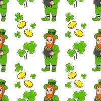 Color seamless pattern. Leprechaun with a pot of gold. St. Patrick's Day. Cartoon style. Hand drawn. Vector illustration isolated on white background.