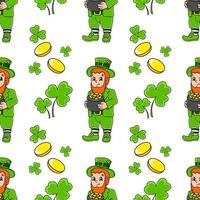 Color seamless pattern. Leprechaun with a pot of gold. St. Patrick's Day. Cartoon style. Hand drawn. Vector illustration isolated on white background.