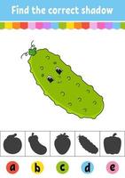 Find the correct shadow. Vegetable cucumber. Education developing worksheet. Activity page. Color game for children. Isolated vector illustration. Cartoon character.