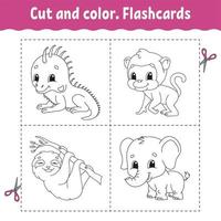 Cut and color. Flashcard Set. monkey, sloth, iguana, elephant. Coloring book for kids. Cartoon character. Cute animal. vector