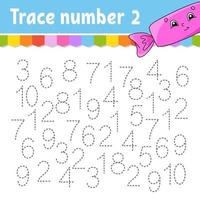 Trace number . Handwriting practice. Learning numbers for kids. Education developing worksheet. Activity page. Game for toddlers and preschoolers. Isolated vector illustration in cute cartoon style.