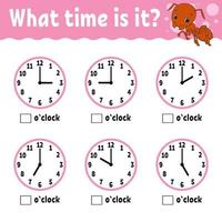 Learning time on the clock. Educational activity worksheet for kids and toddlers. Game for children. Simple flat isolated color vector illustration in cute cartoon style.