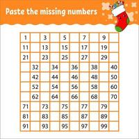 Paste the missing numbers. Handwriting practice. Learning numbers for kids. Education developing worksheet. Activity page. Game for children. Isolated vector illustration in cute cartoon style.