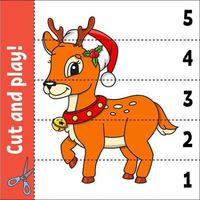 Christmas deer. Learning numbers 1-5. Cut and play. Education developing worksheet. Game for kids. Color activity page. Puzzle for children. Riddle for preschool. Flat isolated vector illustration.